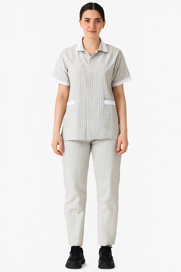 Women’s Checkered Housemaid Uniform Set with Zipper Closure – Short Sleeve Top and Pants