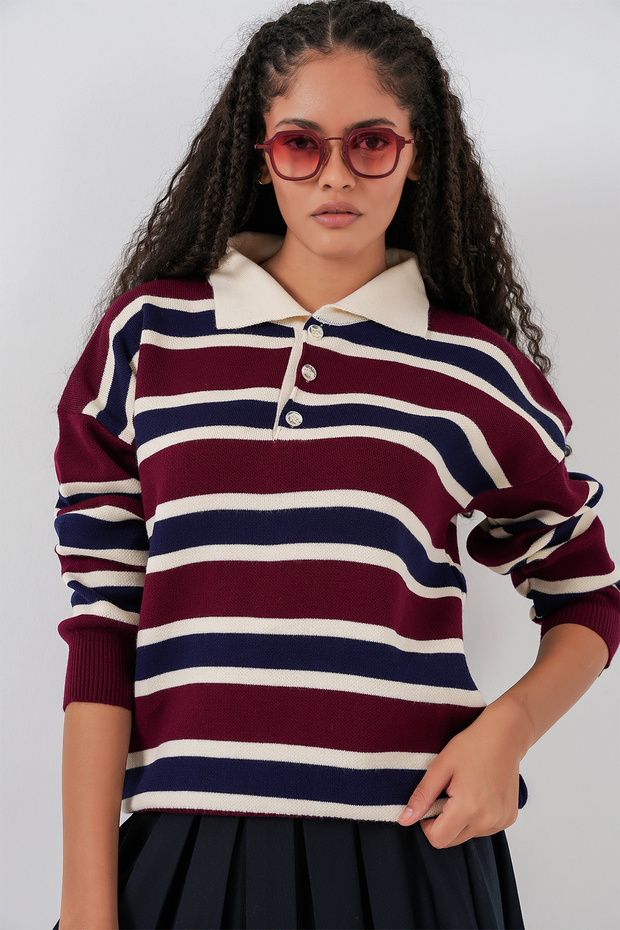 Women's Striped Polo Neck Knit Sweater 15952 - Burgundy