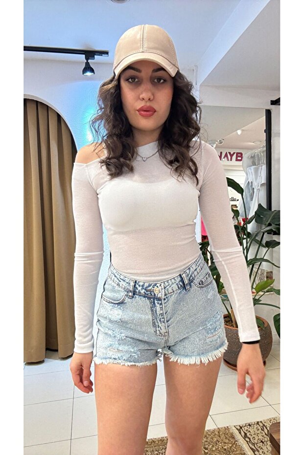 MAVİ TAŞLI KOT ŞORT - 1