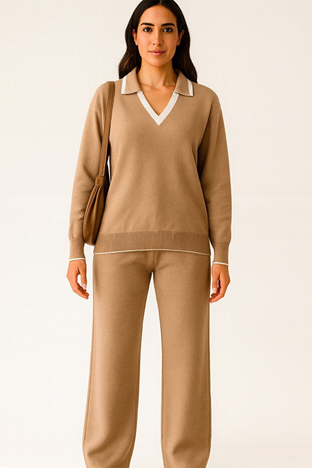 Polo Neck Women's Brown Knitwear Set