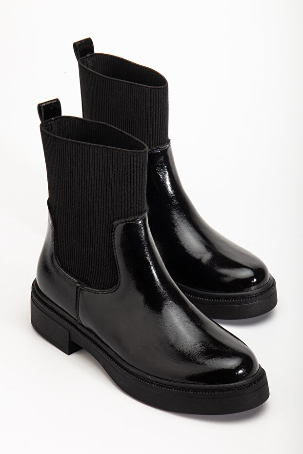 Women's Black Shiny Patent Leather Rubber Ankle Detailed Boots