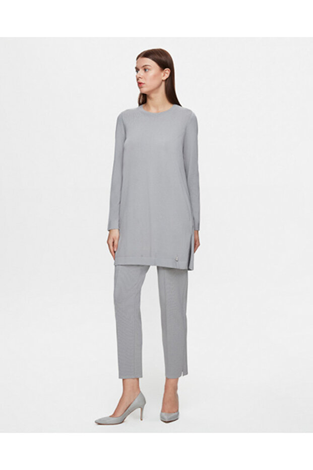 Uzun Kollu Basic Triko Gri Tunik - 1