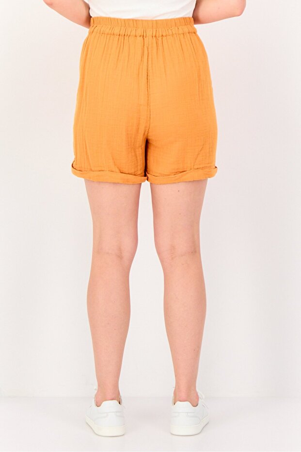 Women Solid Basic Shorts, Orange - 2