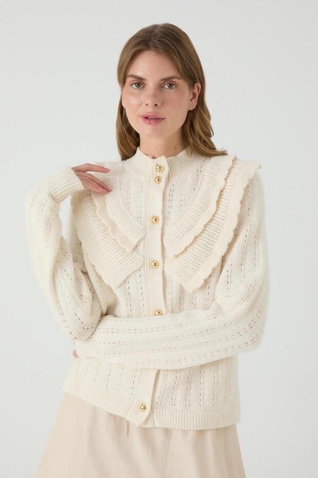 Ihlamur Lace-Like Knit Front Size Flawed Cardigan Ecru