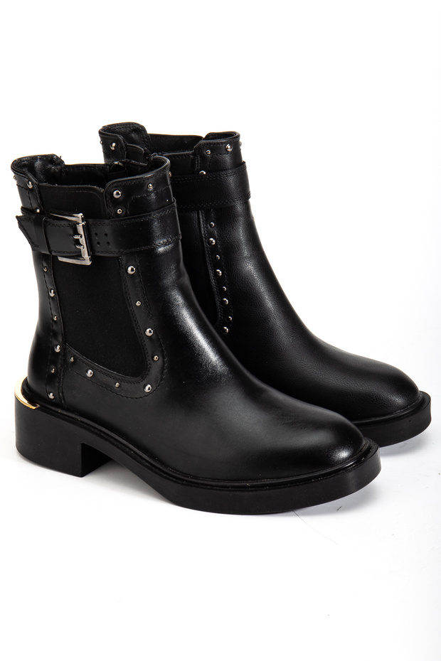 Women's Black Shiny Belt Buckle and Stud Detailed Zippered Boots