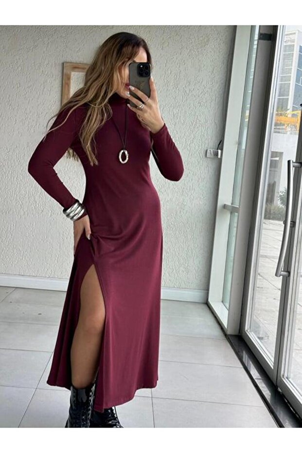 Buketli̇ Women's Turtleneck Single Y Slit Long Sleeve Basic Long Dress