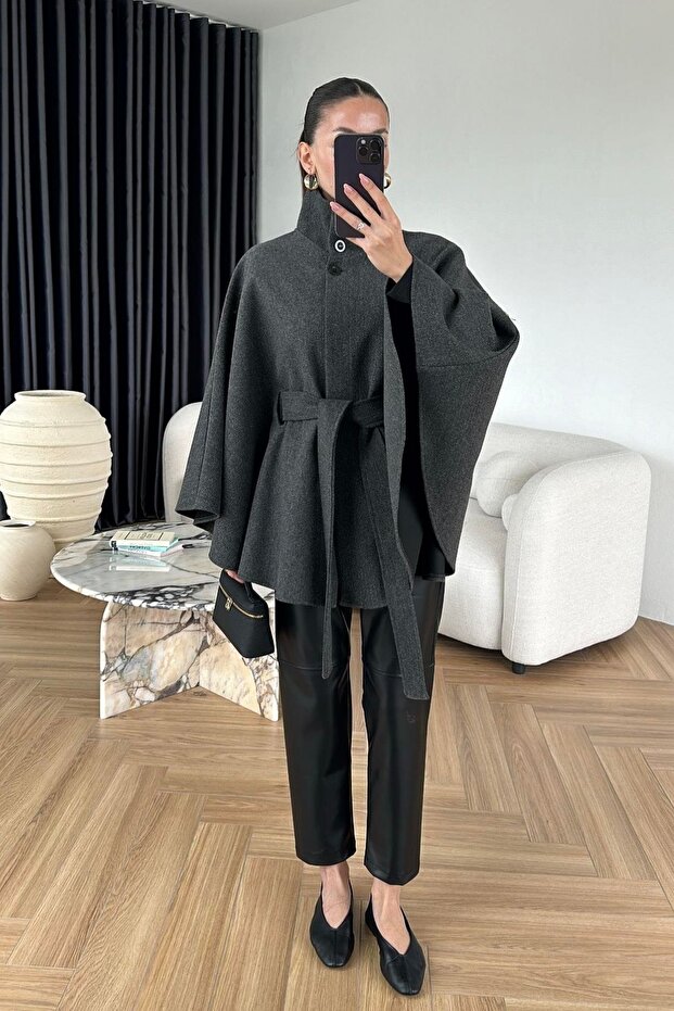 Belted Waist-Length Imported Cashmere Fabric Design Trend Buttoned Mock Neck Pinterest Unlined Poncho Coat