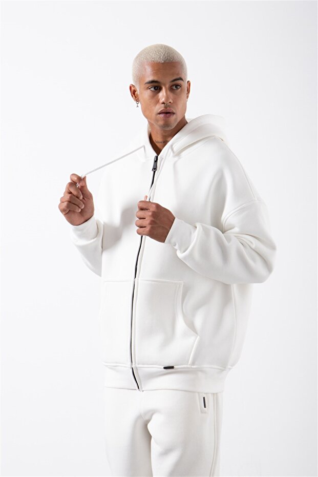 Oversize Fermuarlı Cepli Kapüşonlu Basic Sweatshirt EKRU - 5