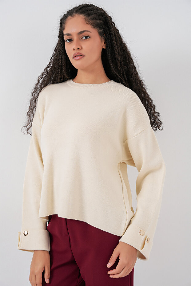 Kadın Kol Düğmeli Oversize Triko Kazak 15981 - Ekru - 5
