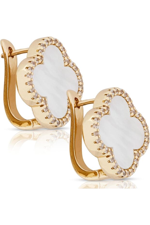 Four Clover Earrings for Women, 18K Gold Plated with Mother of Pearl or Black Agate & Cubic Zirconia