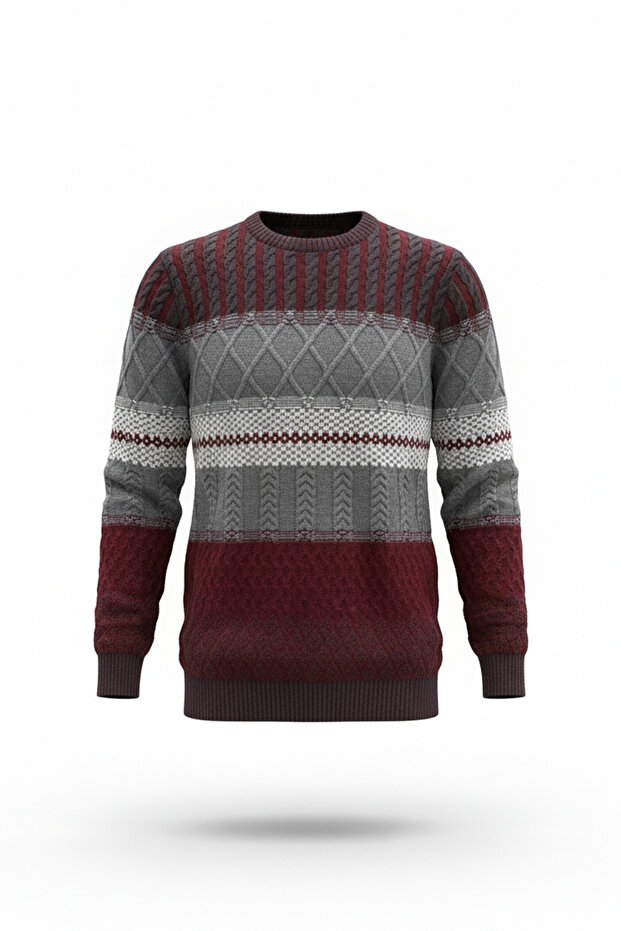 Men's Crew Neck Patterned Thick Sweater - 4