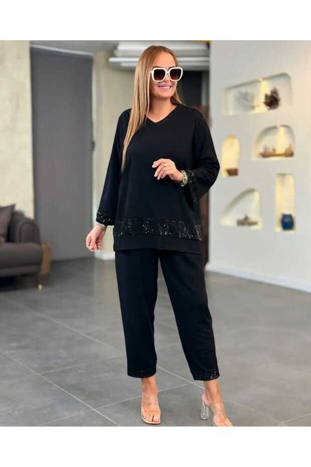 Women's Sequin Detailed V-Neck Long Sleeve Plus Size Two-Piece Set