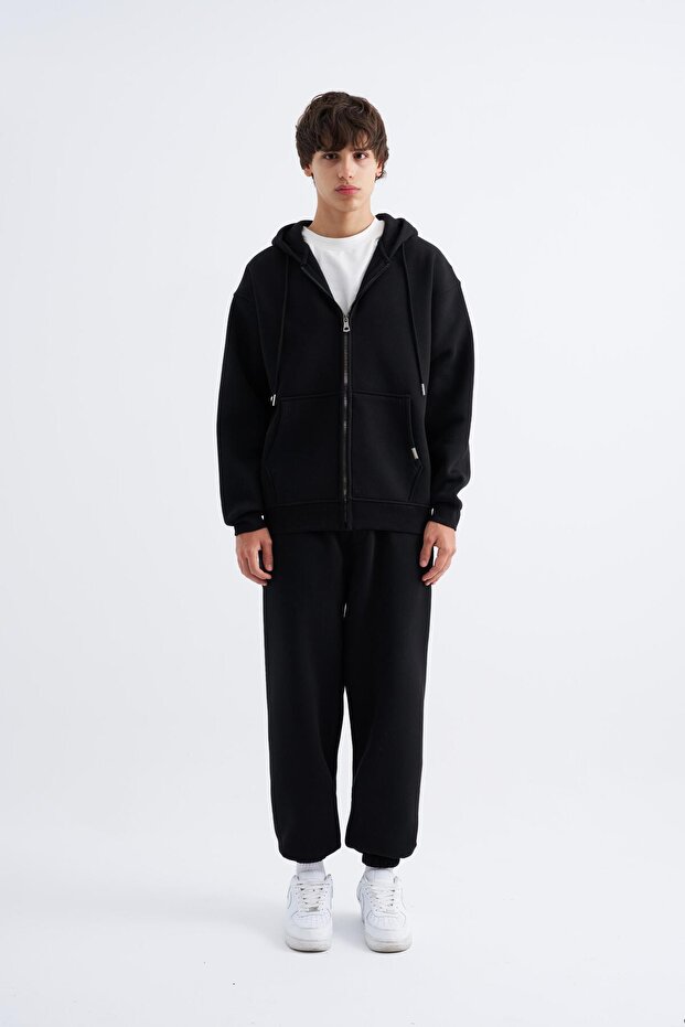 Oversize Fermuarlı Cepli Kapüşonlu Basic Sweatshirt BLACK - 4