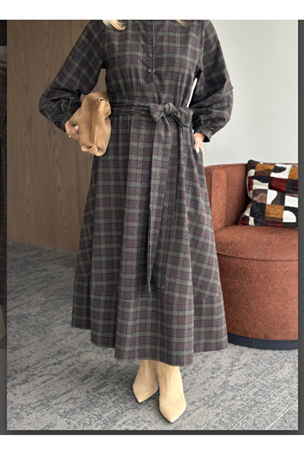 Women's Gingham Woven Long Belted Dress