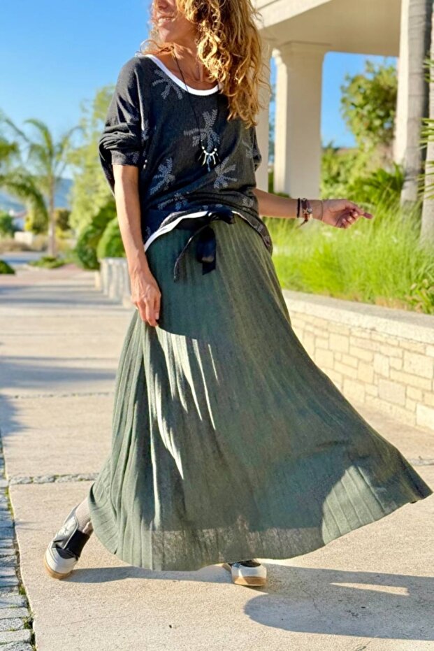 Italian Khaki Belted Pleated Elastic Waist Wool Blend Flared Skirt 90 35