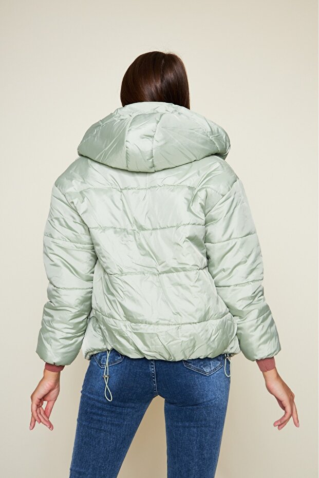 Kadın Kışlık Cepli Basic Kapüşonlu Mint Şişme Mont - 7