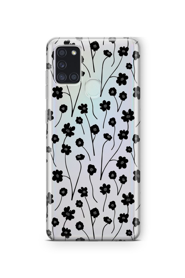 Samsung Galaxy A21S Compatible Black Flower Pattern Transparent Phone Case