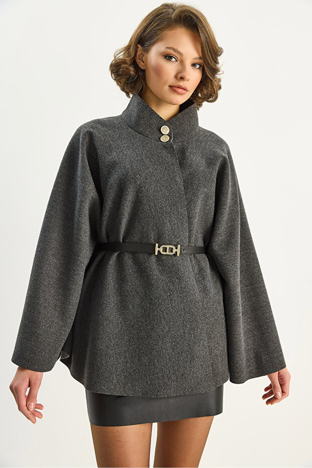 Women's Anthracite Gold Button Detailed Stand Collar Belted Poncho 60282033