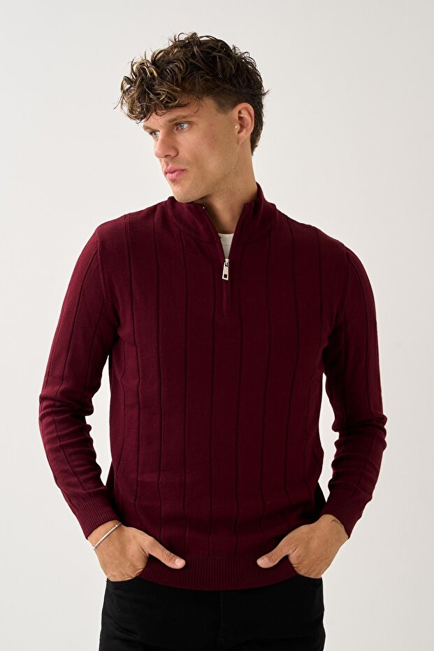 Vertical Weave Patterned Zippered Knitwear Sweater