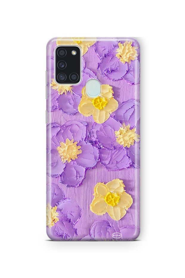 Samsung Galaxy A21S Compatible Purple Yellow Flower Pattern Transparent Phone Case