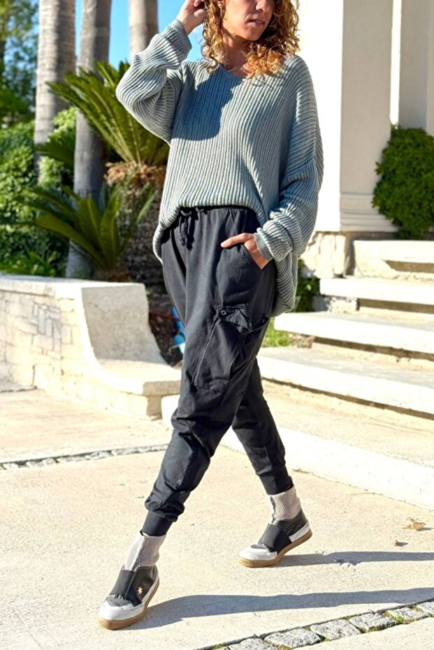 Black Pocketed Washable Elasticated and Tied Waist Shalwar Cotton Trousers 95 30