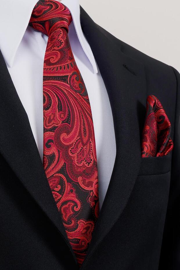 8 cm Hand Made Black - Red Patterned Handkerchief Tie