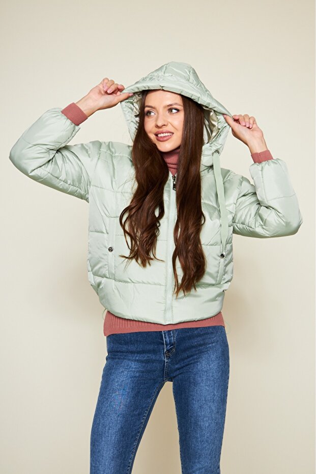 Kadın Kışlık Cepli Basic Kapüşonlu Mint Şişme Mont - 6