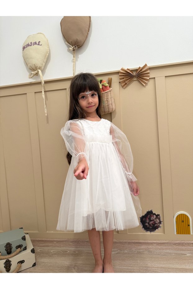 Ekru Back Bow Floral Embroidered Tulle Skirt Long Tulle Sleeves Girls' Dress for Baby Girls