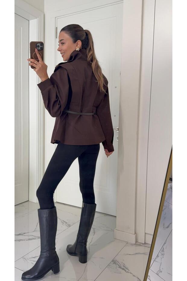 سترة بتصميم حزام بني - 4