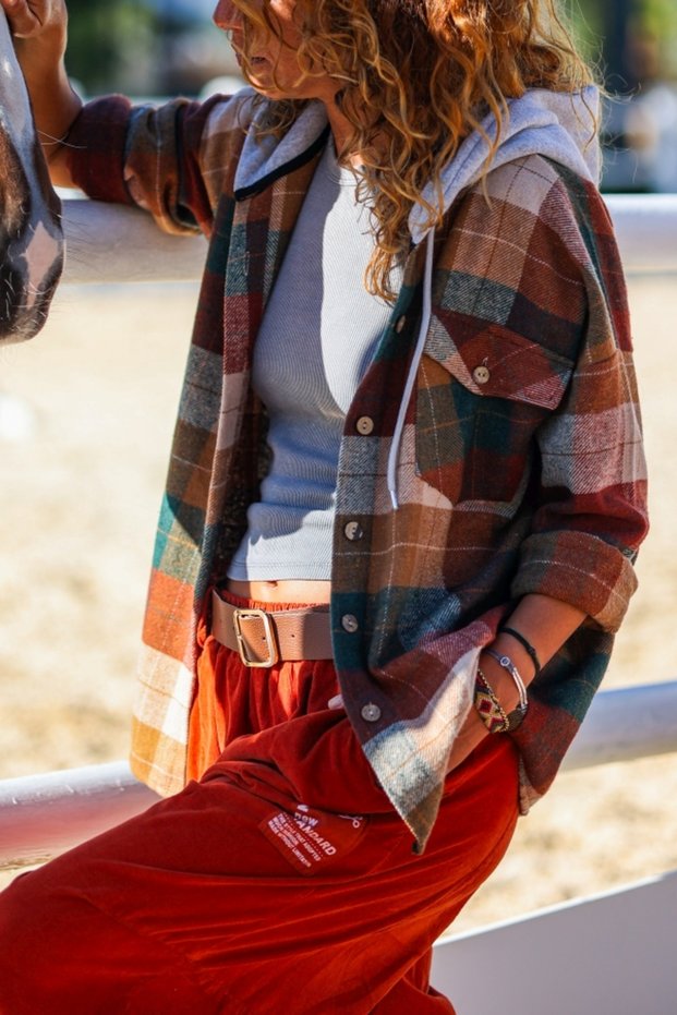 Bronze Color Hooded Plaid Pockets Lumberjack Casual Shirt 60 50