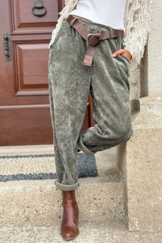 Italian Khaki Washed Soft Textured Belted Velvet Loose Trousers 90 35