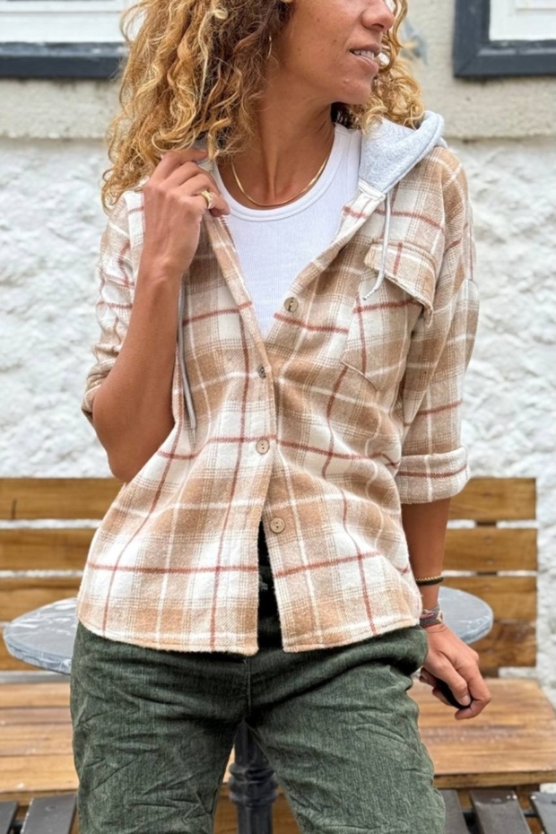 Camel Hooded Plaid Pocketed Lumberjack Casual Shirt 60 50