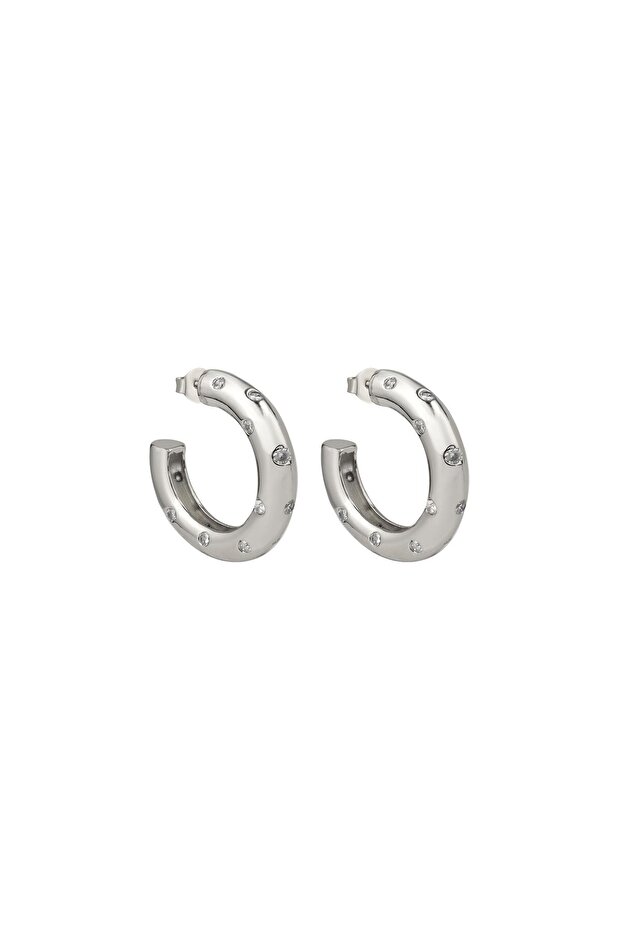 Silver Half Hoop Earrings with Stone Detail