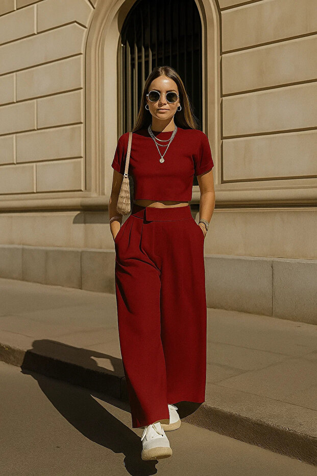 Women's Basic Burgundy Wide Leg Trousers with Pockets