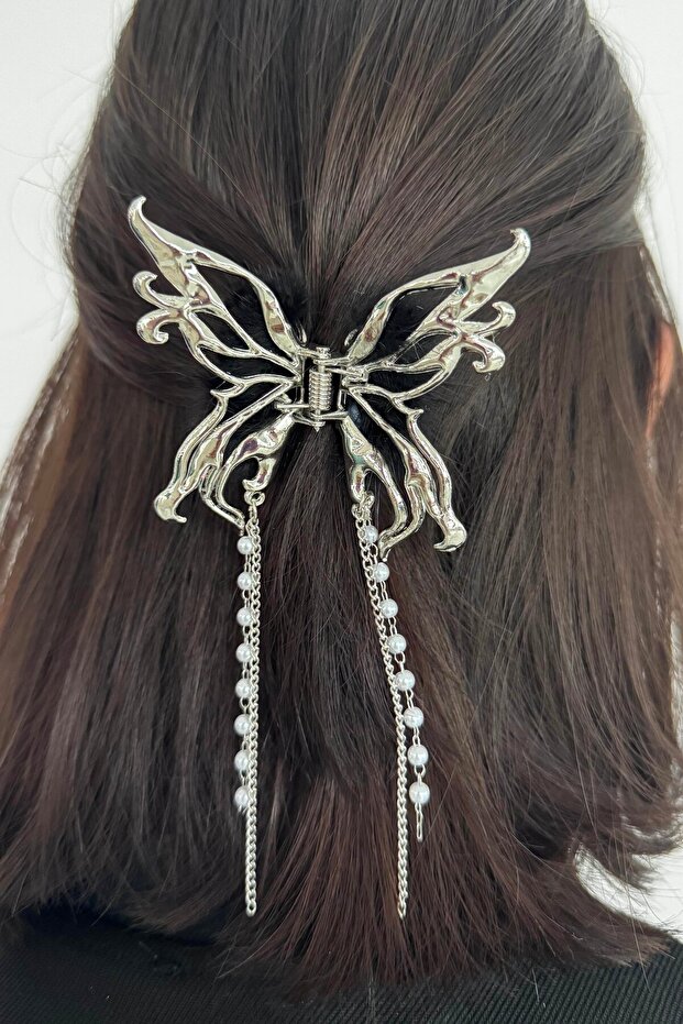 Silver Color Feather and Pearl Detailed Butterfly Figured Dangling Metal Clasp