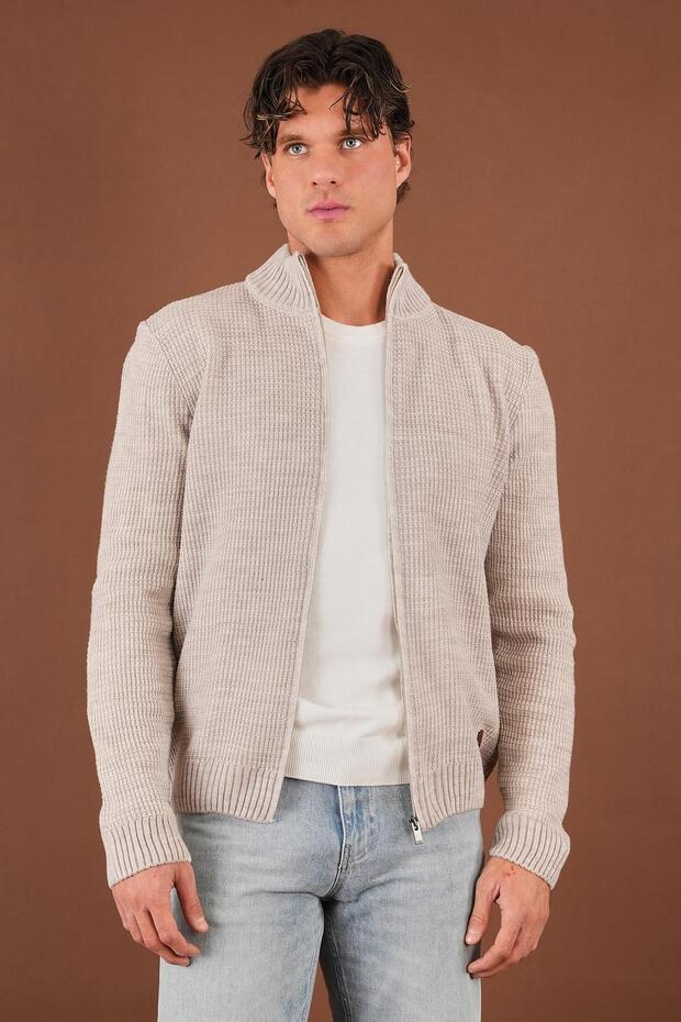 Stand-Up Collar Zippered Knitwear Cardigan (E22-5714)