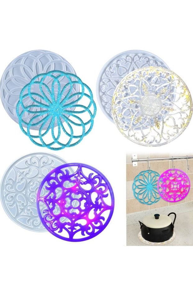 Crystal Coaster Resin Moulds, Mandala Silicone Moulds Round Epoxy Resin Moulds with 3 Hooks 3 kinds