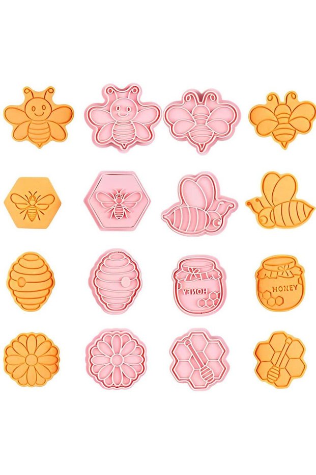 Bee Festival Theme Cookie Stamps & Cutters Set - 8PCS 3D Bee Shape Mold for DIY Baking Snacks. Crea