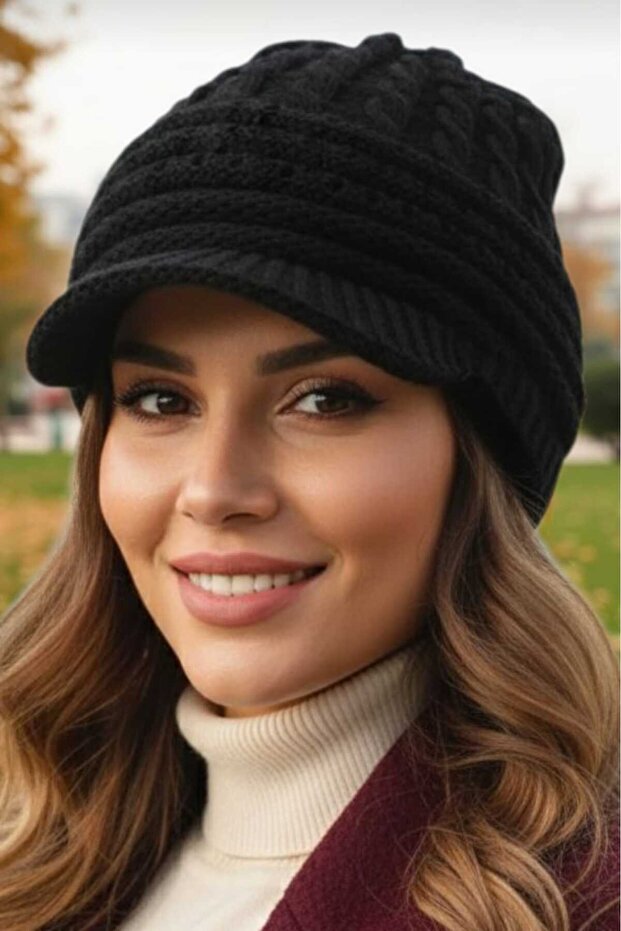 Kadın Çift Kat Siperli Triko Örme Bere Triko Bere - 3