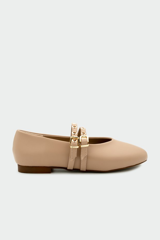 Pari Nude Leather Gold Buckle Women's Ballerinas
