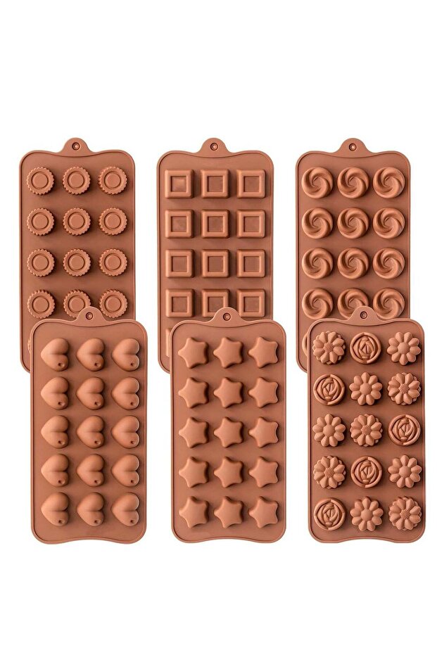 Silicone Chocolate Molds, 6 Pieces 15-Cavity Candy Mould Trays for Baking Cake Decorating, Brown Di