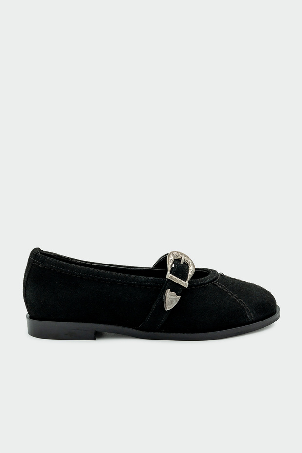 Opsis Black Suede Flat Sole Women's Ballerinas with Belt Detail