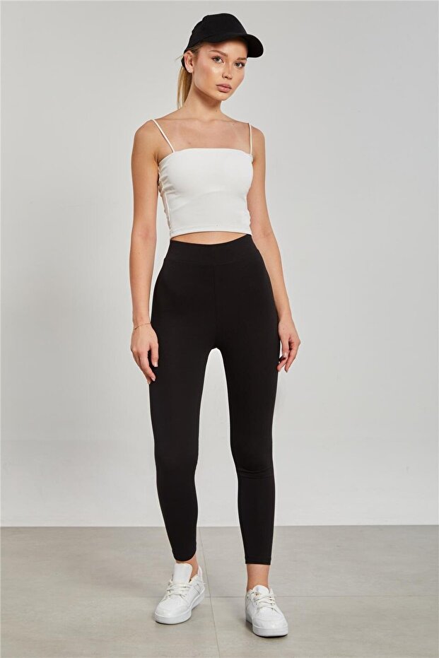 High Waist Stretch Fabric Leggings - Black