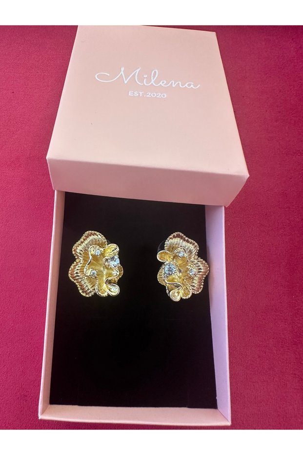 Milena Istanbul Zircon Stone Half Flower Gold Earrings