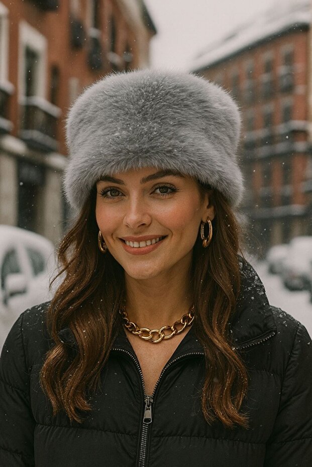 Gray Russian Style Faux Fur Plush Kalpak Women's Hat
