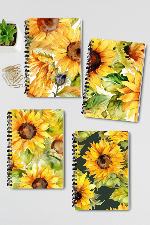Nature Themed Sunflowers Design Wire Spiral A5 Unlined 4-Piece Souvenir, Memory, School Notebook Set