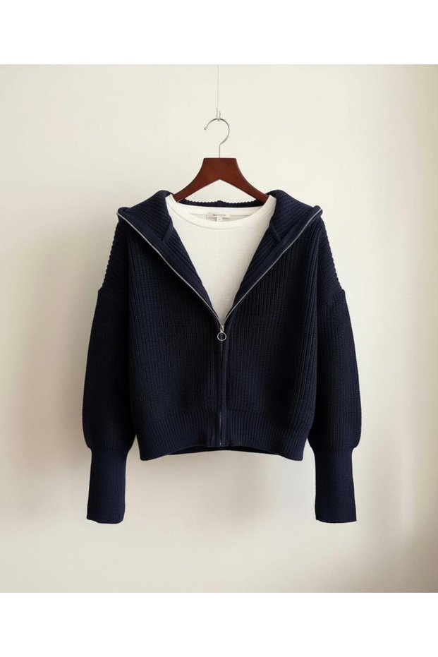 Women's Stretchy Knit Trend Zipper Turn-Down Collar Popular Knitwear Cardigan