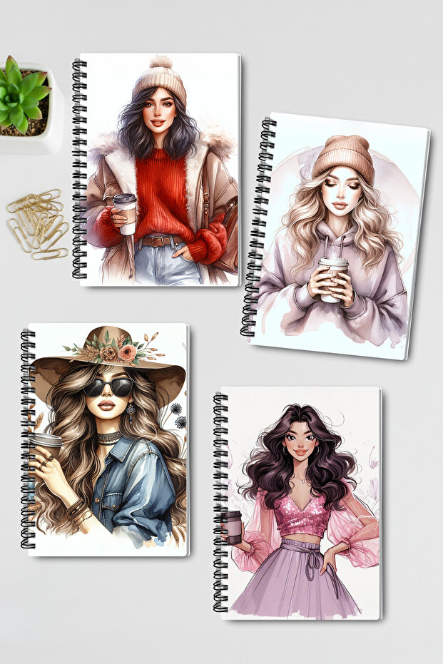 Four Seasons Themed Coffee Girl Design Wire Spiral A5 Unlined 4-Piece Souvenir, Memory, School Notebook Set