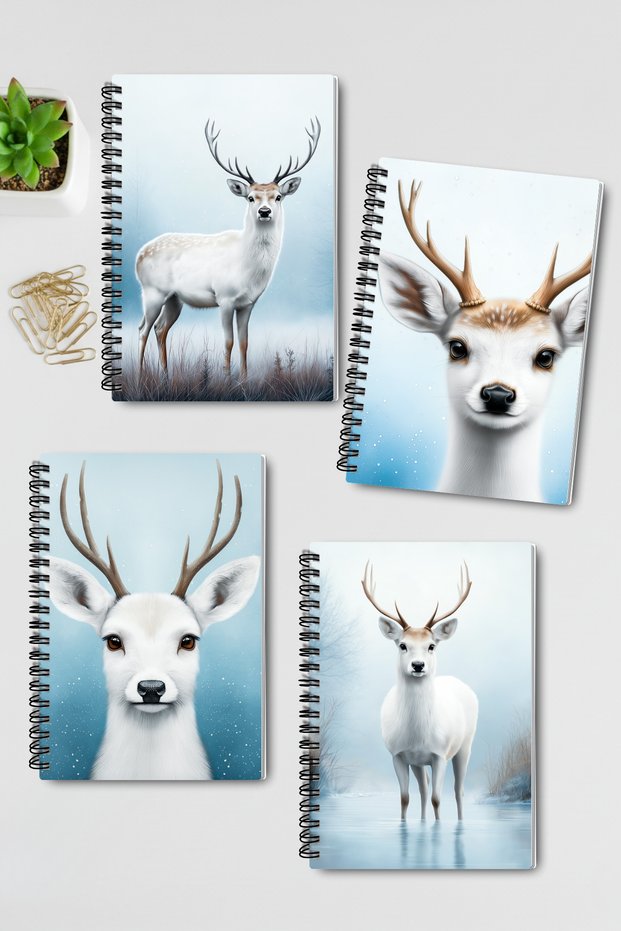 White Deer Winter Themed Design Wire Spiral A5 Unlined 4-Piece Souvenir, Memory, School Notebook Set