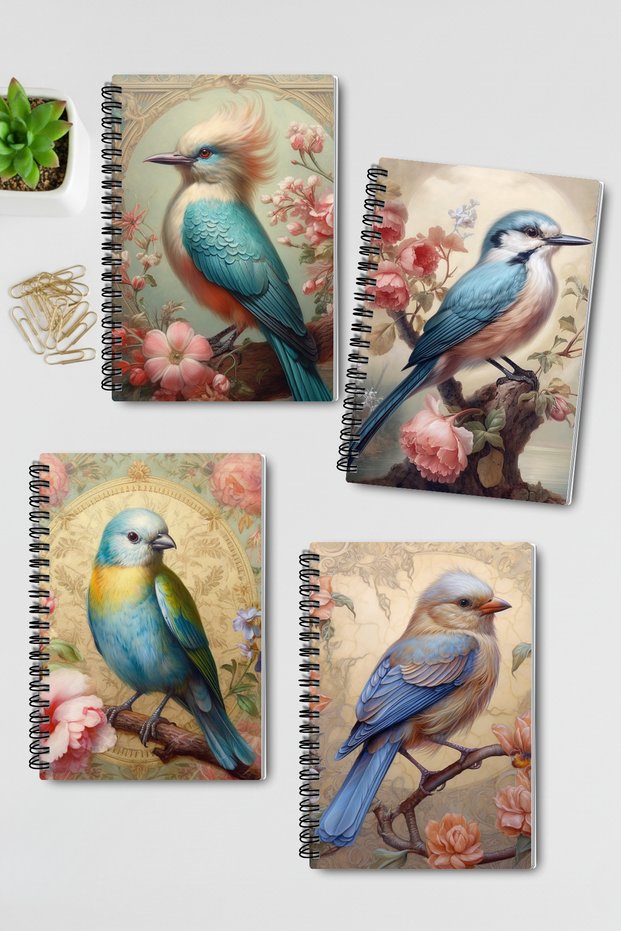 Vintage Bird Themed No:1 Design Wirebound A5 Unlined 4-Piece Souvenir, Memory, School Notebook Set